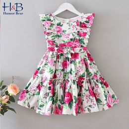 Humor Bear European &American New Summer Dress Floral Lotus Leaf Big Swing Lace Sleeveless Princess Party Dress Kids Clothing 210303