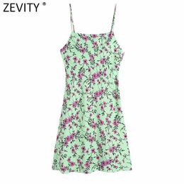 Zevity Wome Fashion Leaves Flower Print Sling Mini Dress Female Chic Backless Button Up Spaghetti Strap Slim Vestidos DS8319 210603