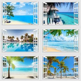 Sea View 3D Fake Window Wall Stickers Coconut Beach Stickers Living Room Bedroom Office Bedside Home Decoration 210310