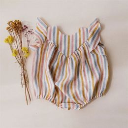 Summer Baby Girl Rompers 0-24M Striped Sleeveless One-Pieces Newborn Baby Girl Boy Clothes Cotton&Linen Baby Girl Outfit 210312