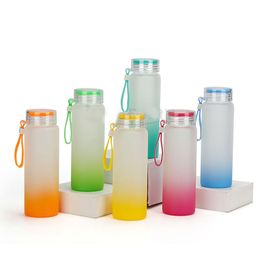 Sublimation Blank Water Bottle 500ML Outdoor Travel Leakproof Drinkware DIY Gradient Frosted Glass Sport Camp Drink Bottles