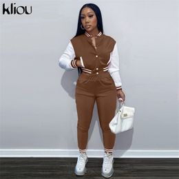 Kliou Preppy Style Two Piece Set Women Herfst Stitching Color Blocking Baseball Jurk Top+Sheath Slim High Waist Female Trousers 220315