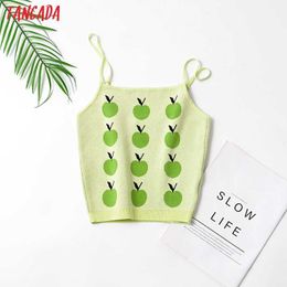 Tangada Summer Women Green Apple Print Knitted Camisole Tops Sleeveless Backless Spaghetti Adjust Crop Tops 2LK3 210609