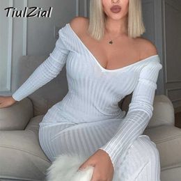 TiulZial Long Sleeve Autumn Midi DrBasic Pure Ribbed Knitting Sweater DrOff Shoulder Long Winter Dresses Black White X0529