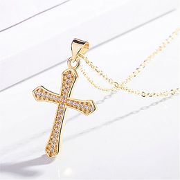 S2435 Fashion Jewellery 14K Gold Plated Diamond Jesus Cross Necklace Women Men Crystal Row Pendant Necklaces