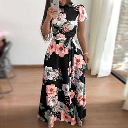 Women Summer Dr2019 Casual Short Sleeve Long DrBoho Floral Print Maxi DrBandage Elegant Dresses Vestido X0621