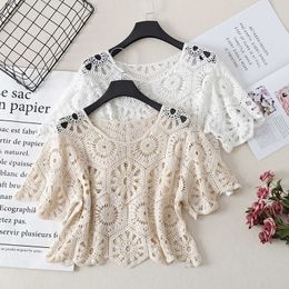 Casual O neck women sweater Summer short sleeve Floral embroidery crochet knitted sweaters Sexy Hollow out ladies pullover 210604