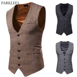 Herringbone Tweed Mens Waistcoat Formal Business Casual Slim Fit Vests for Retro British Style Gentleman Suit Vest Gilet 210923