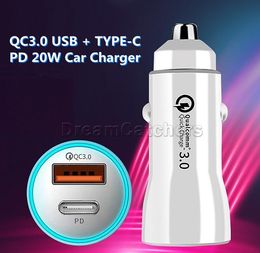 20W PD Car Charger LED Dual USB Type-c Quick Charge QC3.0 Light Up Fast Charging Auto Adapter For IPhone Samsung Smart Phone