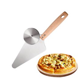 Baking & Pastry Tools Pizza Cutter Server Slicer Stainless Steel Wheel Blade Knife Shovel with Wooden Handle for Bread Pie Waffles XBJK2106