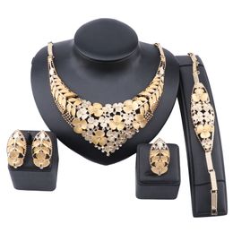 New African Bridal Dubai Flower Necklace Earrings Ring Bracelet Nigerian Women Wedding Gold Color Jewelry Sets