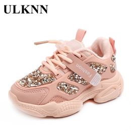 ULKNN Students Sneakers Casual Girls' Shoes Winter New Children's Sequins Fashion Pink Sports Shoes Big Kids 210312
