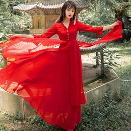 YOSIMI Red Long Dress Chiffon and Lace Spring V-neck Ladies Vintage Ankle-Length Women Party Dresses Elegant 210604
