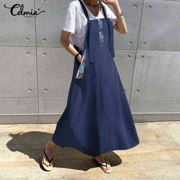 Celmia Vintage Casual Apron Dress Women's Sundress 2021 Summer Linen Overalls Printed Long Dress Female Maxi Vestidos Robe 7 Y220214