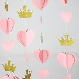 3D Glitter Love Crown Garland With 2M Paper Heart-shaped Hanging String For Wedding Birthday Party Home Curtain Hanging Ornaments Decoration Supplies