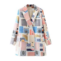 elegant women plaid blazer fashion geometric print jackets casual female slim long suits girls chic sets 210527