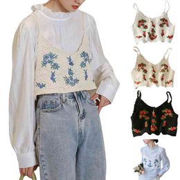 Women Vintage Crochet Knitted Camisole Floral Embroidery Sleeveless Crop Top Bralette Bohemian Beach Bikini Bustier Vest