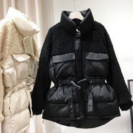 Winter Loose Drawstring Waist Cotton Jacket Female Lamb Hair Stitching Down Quilted1