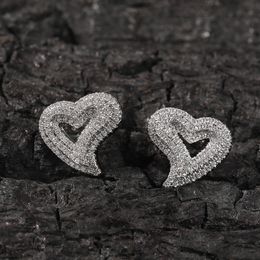 1 Pair Hip Hop Claw Set CZ Stone Bling Ice Out 3 Layers Heart Stud Earrings for Men Women Unisex Lovers Rapper Jewelry