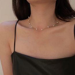 Titanium Steel 18K Real Gold Plated Pearl Beaded Necklace Clavicle Chain Female Fashion Pearl Choker Necklace