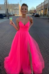 2021 Sexy Side Split Spaghetti Fuchsia Pink Prom Dresses Long Tulle Special Occasion Dress Cheap A-Line Evening Party Engagement Gowns