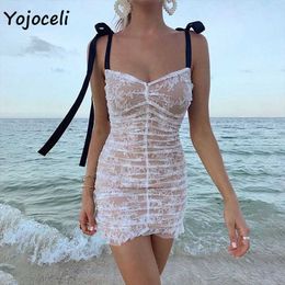 Yojoceli autumn sexy lace dres strap bow ruffle crochet 210609