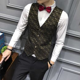 Fashion Men's Gilet Homme Formal Gold Floral Print Dress Vests For Men Wedding Waistcoat Suit Chalecos Para Hombre 210527