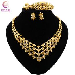 Dubai Elegant Bridal Jewellery Sets Gold Crystal Necklace for Women African Wedding Bracelet Earrings Rings Jewellry Set