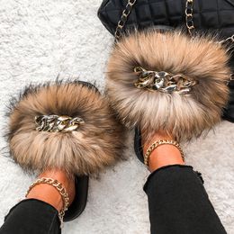 Fluffy Flip Flops Real Fox Raccoon Fur Slippers Designer Golden Chain ry Slides Plush Beach Women Summer Sandals 0227