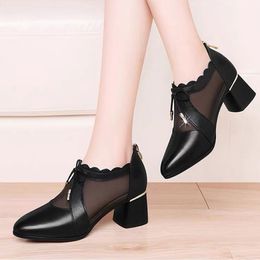 Women Pumps High Heels Ladies Shoes Fashion Spring Mesh PU Leather Woman Zipper Pointed Toe Female Bowknot Office Footwear 2021 210225
