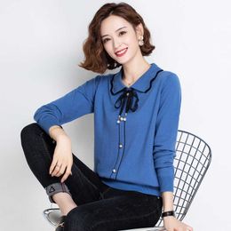 Autumn winter bow collar black white striped casual sweater Pullovers Women female basic chic sweater knit loose top 210604