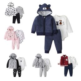 Autumn Style Fashion Baby Suits Boy Girls Clothes Baby Long Sleeved Hooded Jacket Trousers 3Pcs roups de bebe Baby Sets Clothing 210309