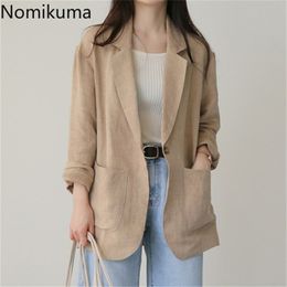 Nomikuma Cotton Linen Blazer Women Arrival Ropa Mujer Solid Colour Single Button Long Sleeve Jackets Casual All-match 210930