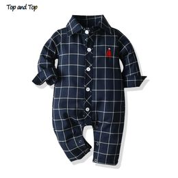 and Top Fashion Baby Boys Gentleman Rompers Long Sleeve Plaid Cotton Infant Toddler Jumpsuit Newborn Formal Clothes Bebes 210309