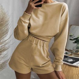 New Women Hoodies Sweatshirt Crop Top Lounge Wear Suit Ladies 2pcs Tracksuit Set Shorts Pants Y0625