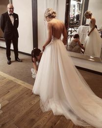 Arrival Cheap New Beach A Line Dresses Beads Tiered Tulle Lace Backless Spagheatti Straps Boho Maternity Bridal Gowns Wedding Dress