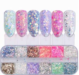 2021 12 Grids/Sets Nail Glitter Mermaid Powder Flakes Shiny Round Hexagon Holographic Paillette Sequins Nail Art Decoration Manicure