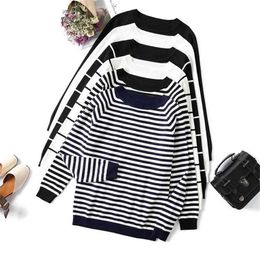 HLBCBG Stripe long sleeve black knitted sweater women tops autumn o-neck short pullover casual jumper pull femme 210914