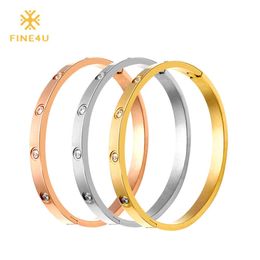 New Fine4u B043 316l Stainless Steel Cuff Bracelet for Women Tension Setting Cz Bracelets & Bangles 3 Colours Choices Q0719