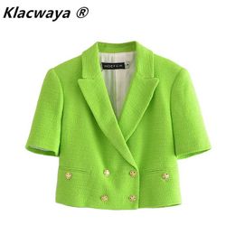 Klacwaya Za Women Green Cropped Blazer Jacket Double Breasted Short Sleeve Pocket Decoration Textured Blazerd 211019