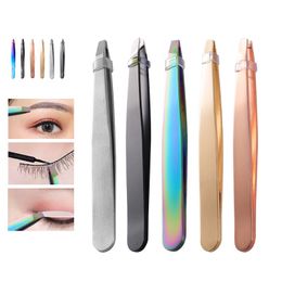 Eyelashes Tweezers Stain Steel Slanted Tip Face Hair Removal Curler Clip Brow Trimmer Makeup Tools Accessories 5 Colors