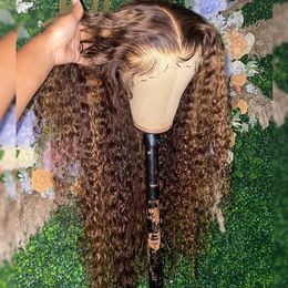 Ombre Brown Colored Wig Highlight Kinky Curly Lace Front Synthetic Wigs Simulation Human Hair for Women Cosplay Party