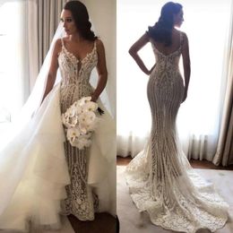 Gorgeous Spaghetti Strap Illusion Dubai Arabic Mermaid Wedding Dress With Detachable Train Sleeveless Appliques Lace Bridal Gown