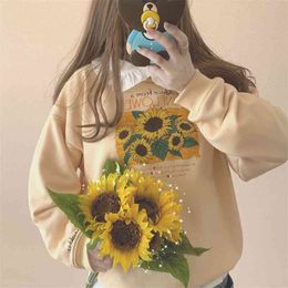 Cute Japanese Style Sweatshirt Sunflower Print Women Long Sleeve O-neck Loose Pullovers Streetwear Casual Hoodies Tops Female 210805