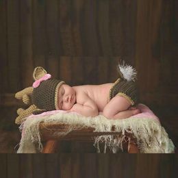 Newborn Photography Props baby hat Christmas Deer Design Handmade Crochet Deer Costume Set Knitted Hats and Pants set