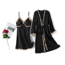 Women's Sleepwear Patter2pcs Robe Set Women Nightwear Summer Casual Kimono Bathrobe Gown Satin Nightgown Home Clothing Sexy Lace