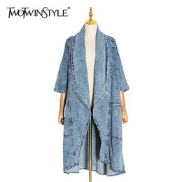 TWOTWINSTYLE Vintage Denim Women Windbreaker Lapel Collar Half Sleeve High Waist Trench Coats Female Fashion Clothing 210914