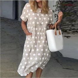 Casual Women Plus Size Pockets Dress Summer Short Sleeve Loose Party Dress Elegant Retro Dot Daisy Print Sundress Vestidos 210309