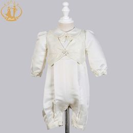 Nimble Baby Christening Gowns Satin Formal Occasion Boys Romper newborns clothes Ivory Kids Baptism Dresses 0-12M 210309