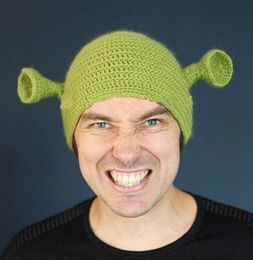 Unisex Balaclava Monster Shrek Hat Wool Winter Knitted Green Party Funny Beanie Skullies Cap for Women Men Pure Handmade GC